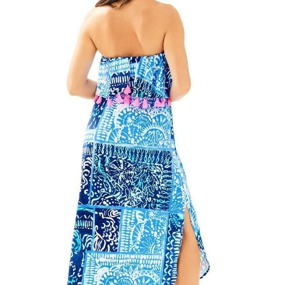 Lilly Pulitzer Meridian Blue Patchwork Strapless Maxi Dress with Pink Tassels - Picture 2 of 4